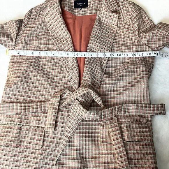 FRNCH Paris Plaid Blazer Jacket Tan Red Black Belted Women’s M - Picture 9 of 12